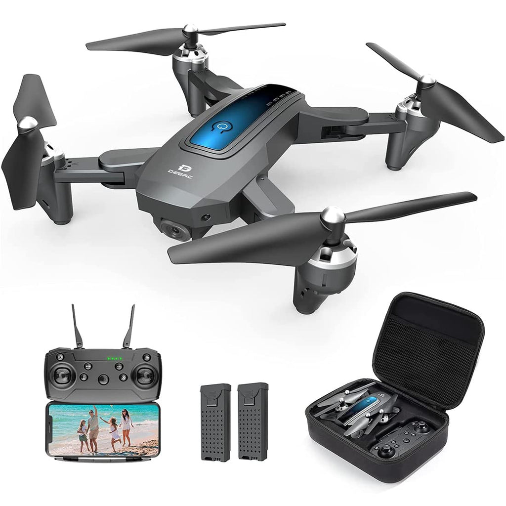 Dron DEERC con cámara 2K HD FPV Live Video 2 baterías y estuche de transporte, helicóptero cuadricóptero RC para niños y adultos, control de gravedad, retención de altitud, modo sin cabeza, funciones de waypoints